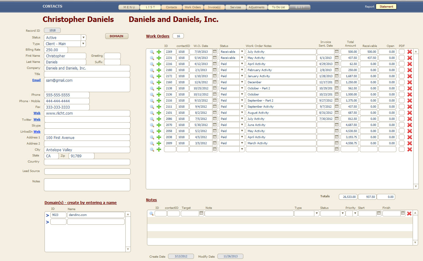 Work Order Invoicing Software - Contact Screen