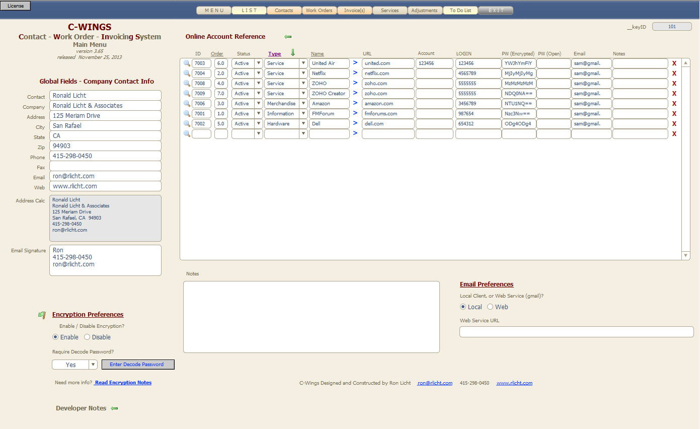 Work Order Invoicing Software - Menu Layout