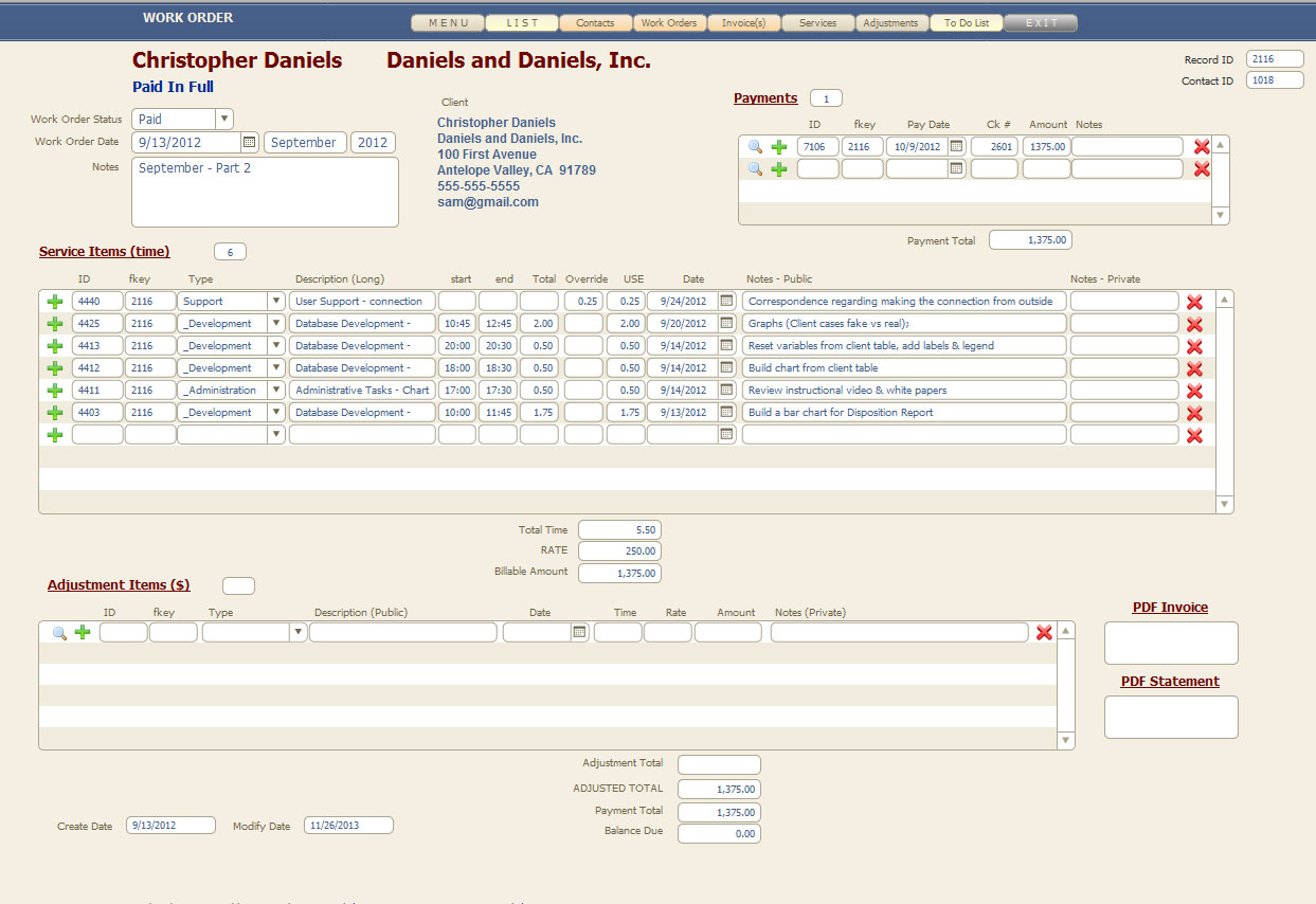 Work Order Invoicing Software - Work Order Screen